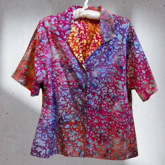 Hand Made Button Front Dolman Sleeve Batik Top Large - Picture 1 of 12